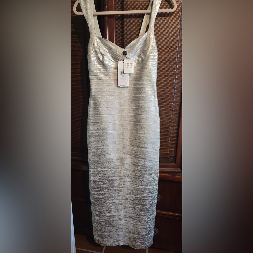 Herve Leger Silver Sweetheart Bodycon Cocktail Dress